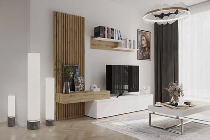 Bibliotecă modulară Lucimo 250 cm cu lamele – alb / stejar artisan