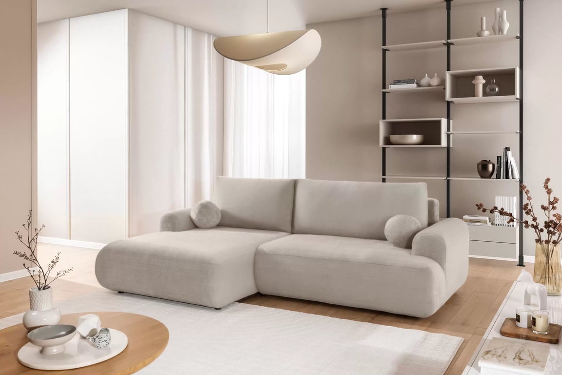 Colțar extensibil cu funcție de dormit Lotulis Mini stânga - crem material hidrofob Blur 01 Naroznik Lotulis Mini z funkcja de dormit stânga - kremowa Produse tricotate hydrofobowa Blur 01 