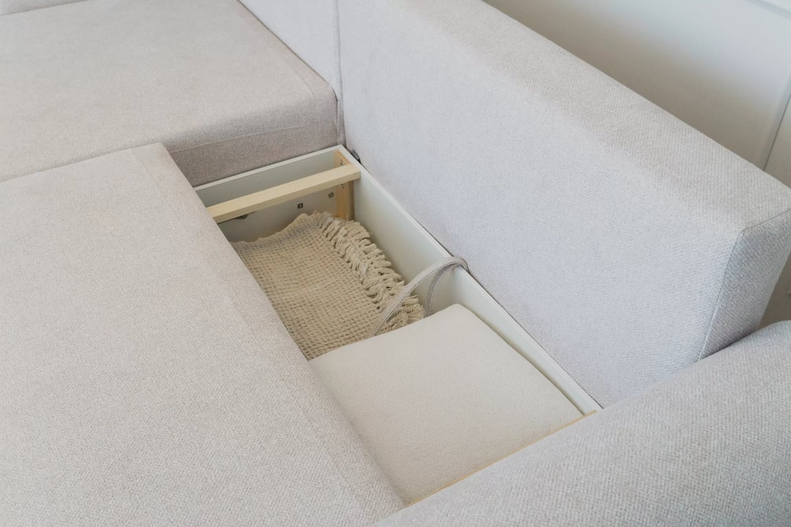Colțar extensibil cu funcție de dormit Lotulis Mini stânga - crem material hidrofob Blur 01 Naroznik Lotulis Mini z funkcja de dormit stânga - kremowa Produse tricotate hydrofobowa Blur 01 