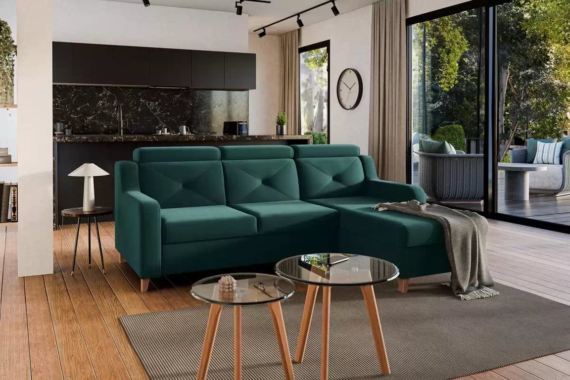 Colţar Laksaro dreapta extensibil - verde catifea Trinity 28 Canapea pe partea dreaptă extensibila Laksaro - verde catifea Trinity 28