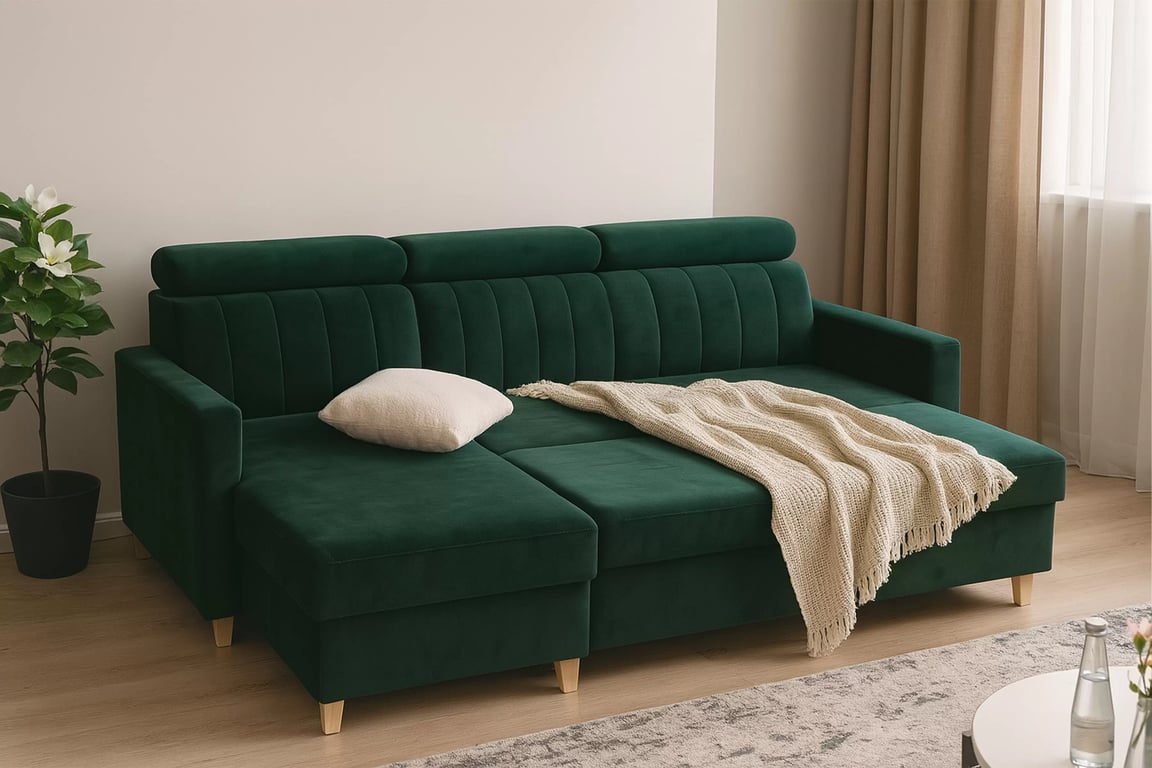 Colțar cu funcție de dormit Vario universal - verde catifea Bluvel 78 Naroznik Vario z funkcja de dormit uniwersalny prawo/stânga - verde catifea Bluvel 78