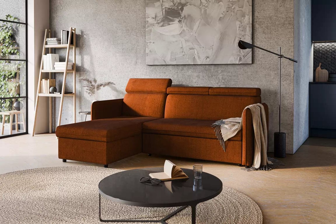 Colţar Barcelia Mini extensibil, universal, stânga/dreapta - țesătură acoperire Enjoy New 39 Coltar cu functie de dormit Barcelia Mini - ruda țesătură de acoperire hydrofobowa Enjoy New 39