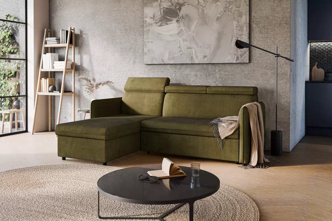 Colţar Barcelia Mini extensibil, universal, stânga/dreapta - Material hidrofug verde Enjoy New 41 Coltar cu functie de dormit Barcelia Mini - zielona țesătură de acoperire hydrofobowa Enjoy New 41