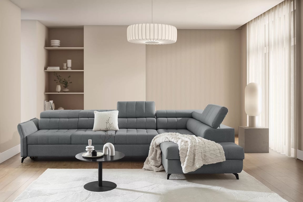 Elarias Maxi sarokkanapé, jobb oldali, kinyitható - szürke Perfect Harmony 85 chenille - Korlátozott készlet Kinyitható sarokkanapé Elarias Maxi jobb oldali - szürke chenille Perfect Harmony 85 - Korlátozott ajánlat