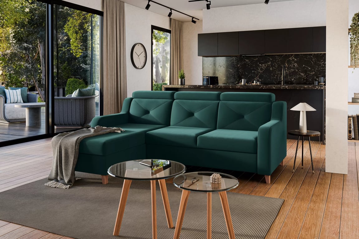 Colţar Laksaro dreapta extensibil - verde catifea Trinity 28 Naroznik z funkcja de dormit Laksaro pe partea dreaptă - verde catifea Trinity 28