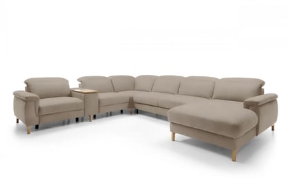 Rohová sedacia súprava Mia pravá  s elektrickou relaxáciou - béžový velvet Castel 15 (KR10840) / bukové nožičky