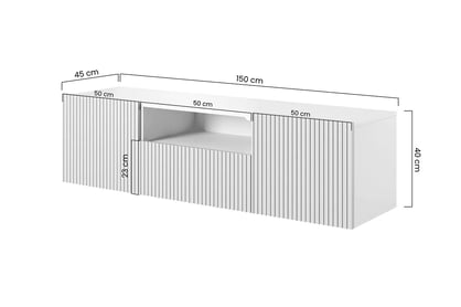 Závěsný TV stolek Nicole 150 cm s výklenkem - bílá / bílý mat TV skříňka závěsná Nicole 150 cm s výklenkem - Bílá / bílý mat - Rozměry