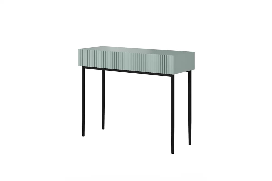 Nicole konzol / sminkasztal - zsálya MDF / fekete lábak modern konsola / toaletka Nicole fiokokkal i metalowymi nogami 100 cm - szalwia / fekete lábak