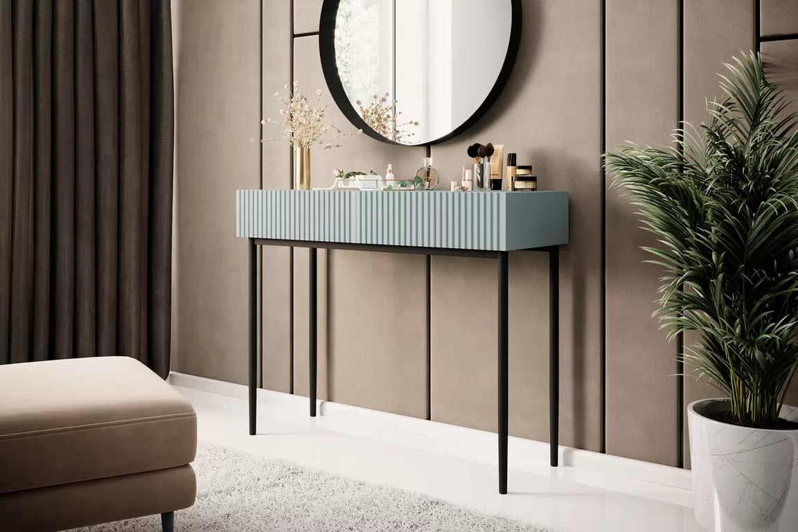 Nicole konzol / sminkasztal - zsálya MDF / fekete lábak modern konsola / toaletka Nicole fiokokkal i metalowymi nogami 100 cm - szalwia / fekete lábak