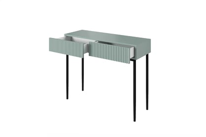 Nicole konzol / sminkasztal - zsálya MDF / fekete lábak modern konsola / toaletka Nicole fiokokkal i metalowymi nogami 100 cm - szalwia / fekete lábak