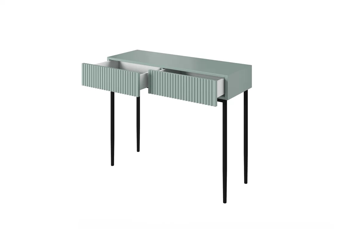 Nicole konzol / sminkasztal - zsálya MDF / fekete lábak modern konsola / toaletka Nicole fiokokkal i metalowymi nogami 100 cm - szalwia / fekete lábak