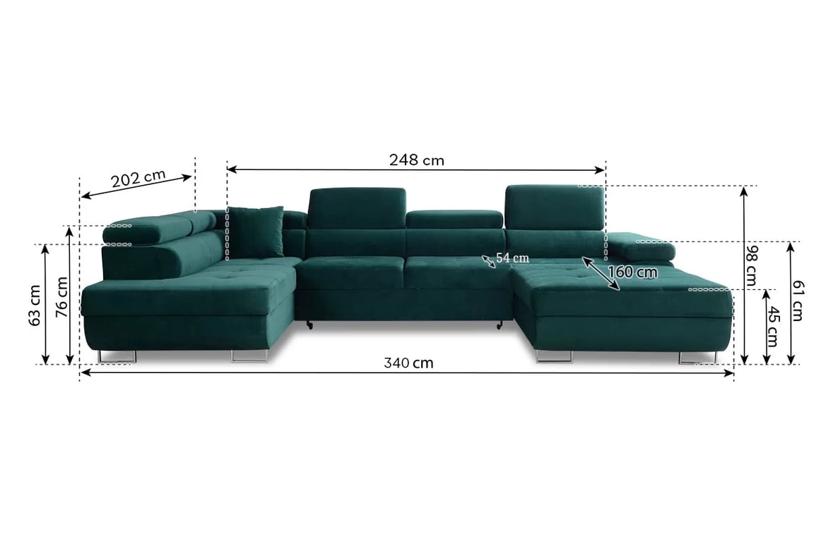 Colțar extensibil Annabelle U II - picioare cromate canapea de colț modernă Annabelle U II - dimensiuni