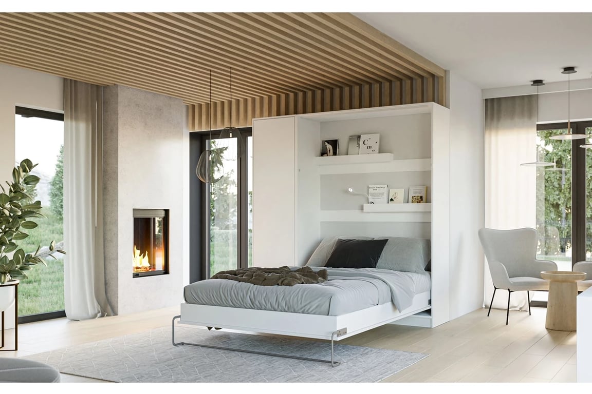 Vertikálna sklápacia posteľ Modern 160x200 cm - biely mat Biela sklápacia posteľ 