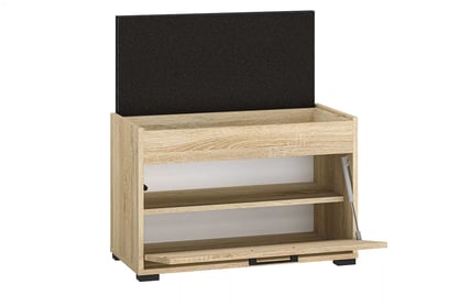 Botník Migoz 70 cm s otevíracím sedákem - dub sonoma světlý Skříňka na boty z czarnym sedadlem