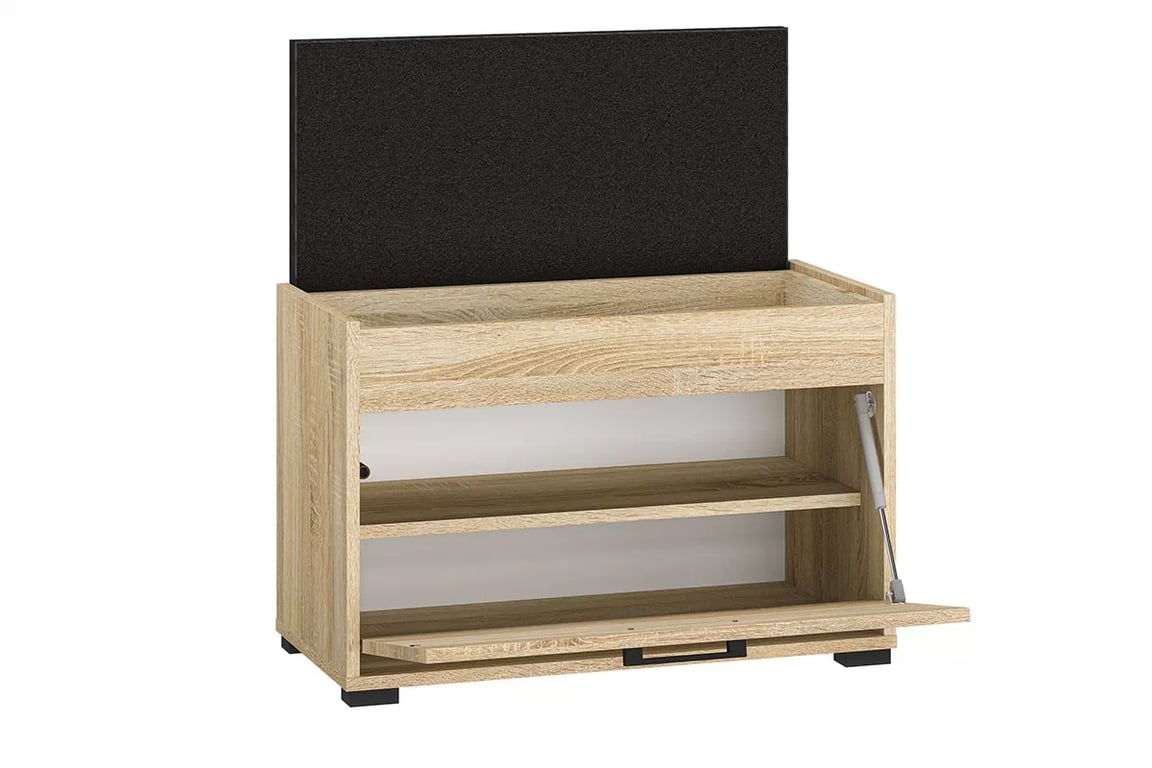 Botník Migoz 70 cm s otevíracím sedákem - dub sonoma světlý Skříňka na boty z czarnym sedadlem