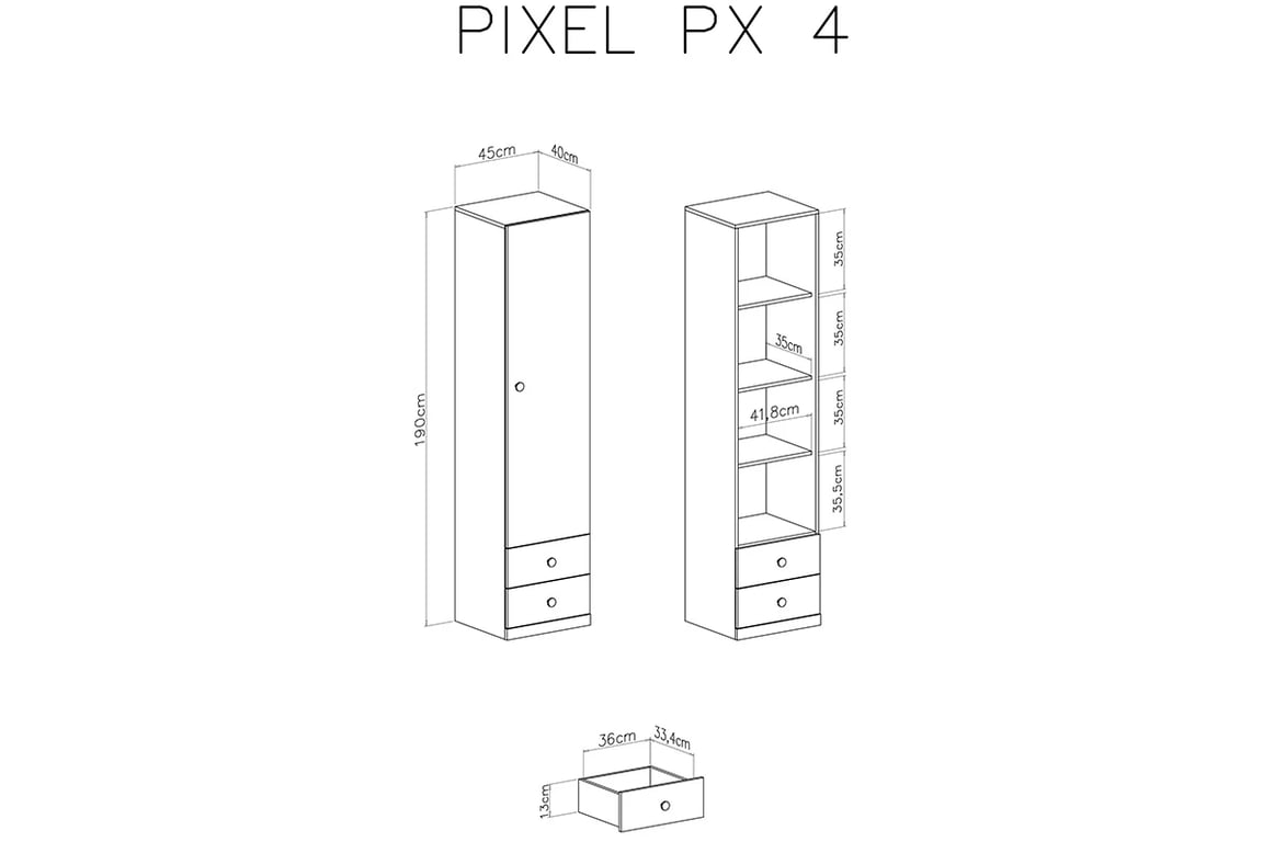 Skriňa so zásuvkami Pixel 4 - dub piškótový/biela lux/sivá Regál jednodverový so zásuvkami Pixel 4 - dub piškótový/Biely lux/šedý - schemat