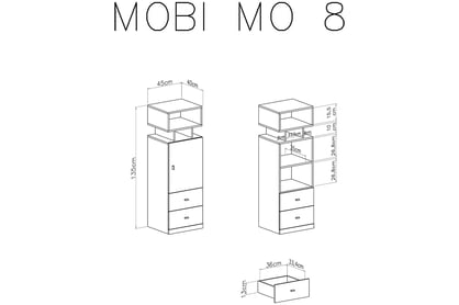 Mobi MO8 L/P egyajtós polc süllyesztéssel és két fiókkal - fehér / türkizkék wnetrze regalu mobi 8