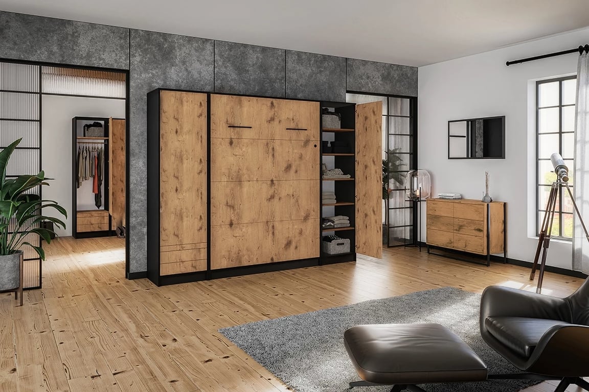 Regál Modern Loft R k vertikálnej sklápacej posteli - čierna / dub lancelot Sklápacia posteľ z regalem