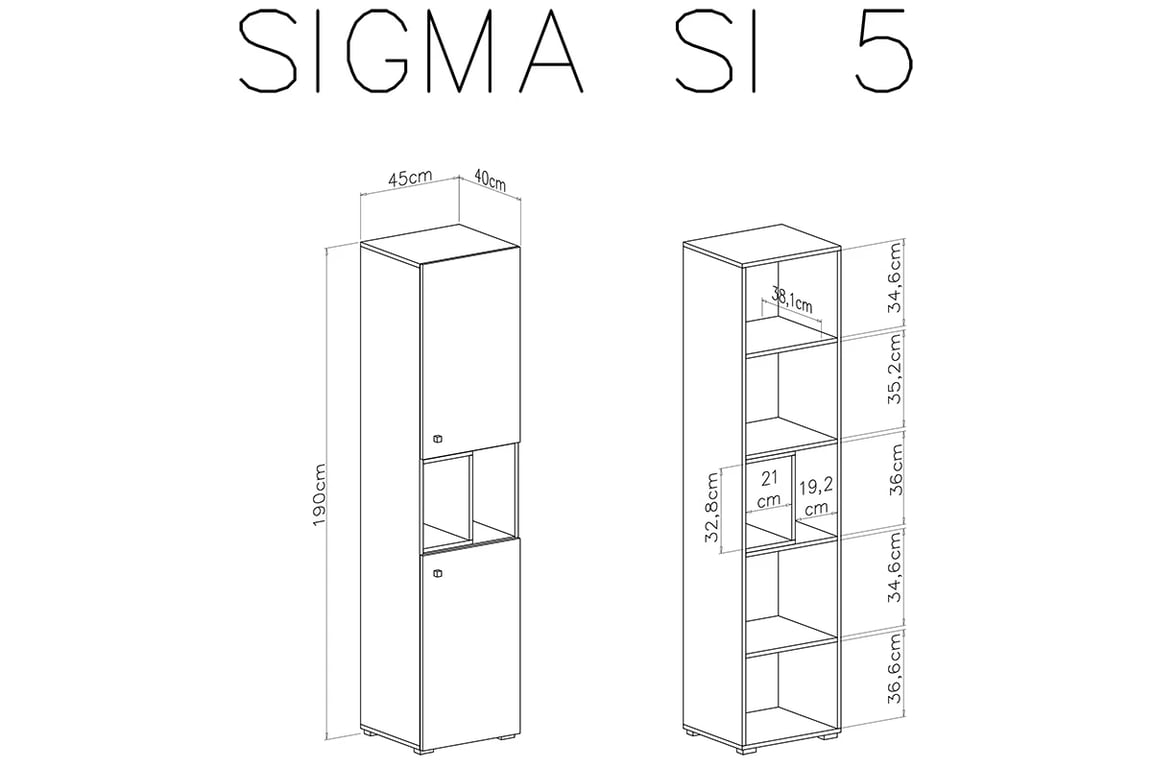 Regál Sigma SI5 L/P dvoudveřový s výklenky - bílá lux / beton Regál Sigma SI5 L/P - Bílý lux / beton - schemat