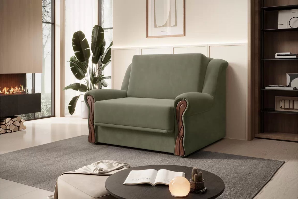 Canapea extensibilă Americanka cu spațiu de depozitare Gosia 105 - catifea verde Kronos 46 / nuc mediu Canapea rozkladana Amerykanka cu spațiu de depozitare Gosia 105 - verde catifea Kronos 46 / sredni nuc 