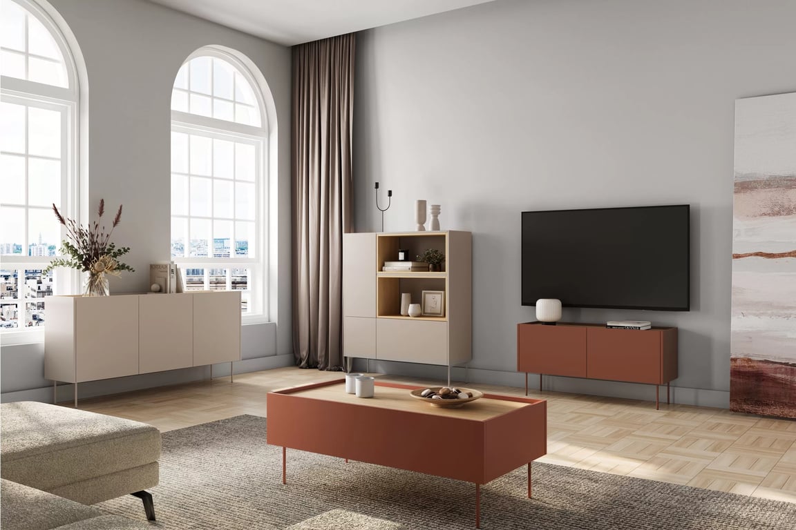 Măsuță de cafea cu sertar Desin 120 1S - ceramică roșie / stejar nagano masă kawowy Desin 120 cm cu sertare cu picioare metalice - ceramic red / stejar nagano