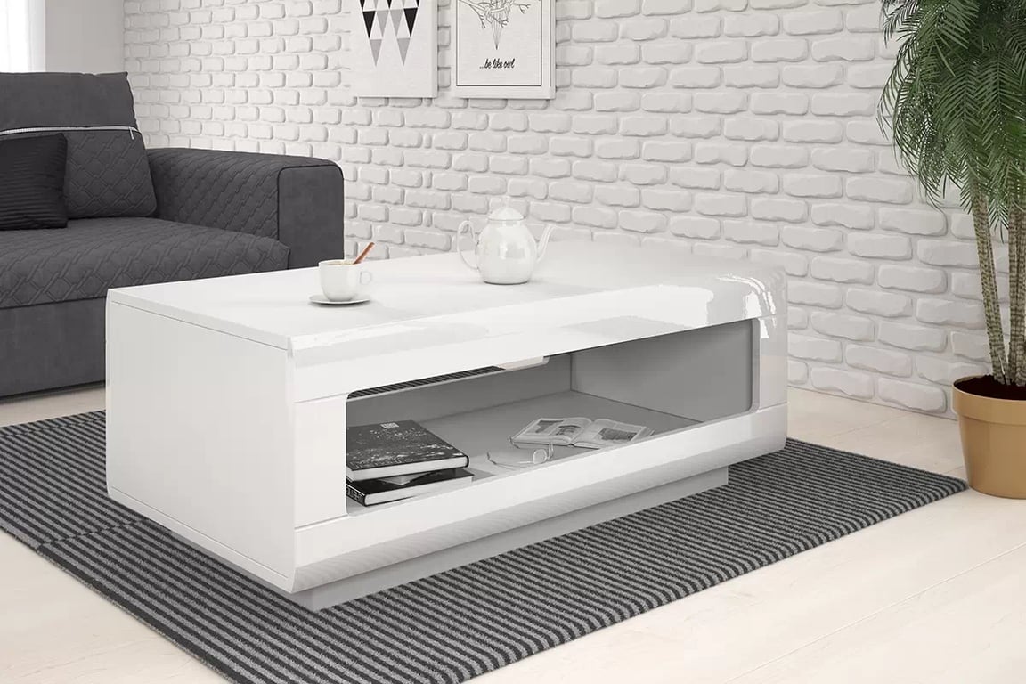 Konferenčný stolík Tulsa 99 s otvorenou policou 110 cm - biela / biely lesk Biely stolík s výklenkom