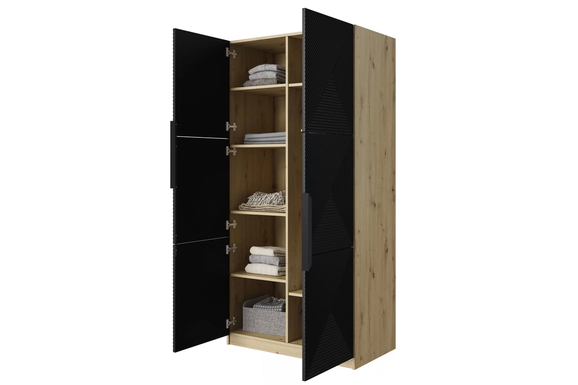 Dulap Asha 100 cm și mânere metalice - artisan / negru mat / mânere negre dulap Asha 100 cm z ryflowanym frontem i metalowymi uchwytami- artisan / negru mat / negru Mânere