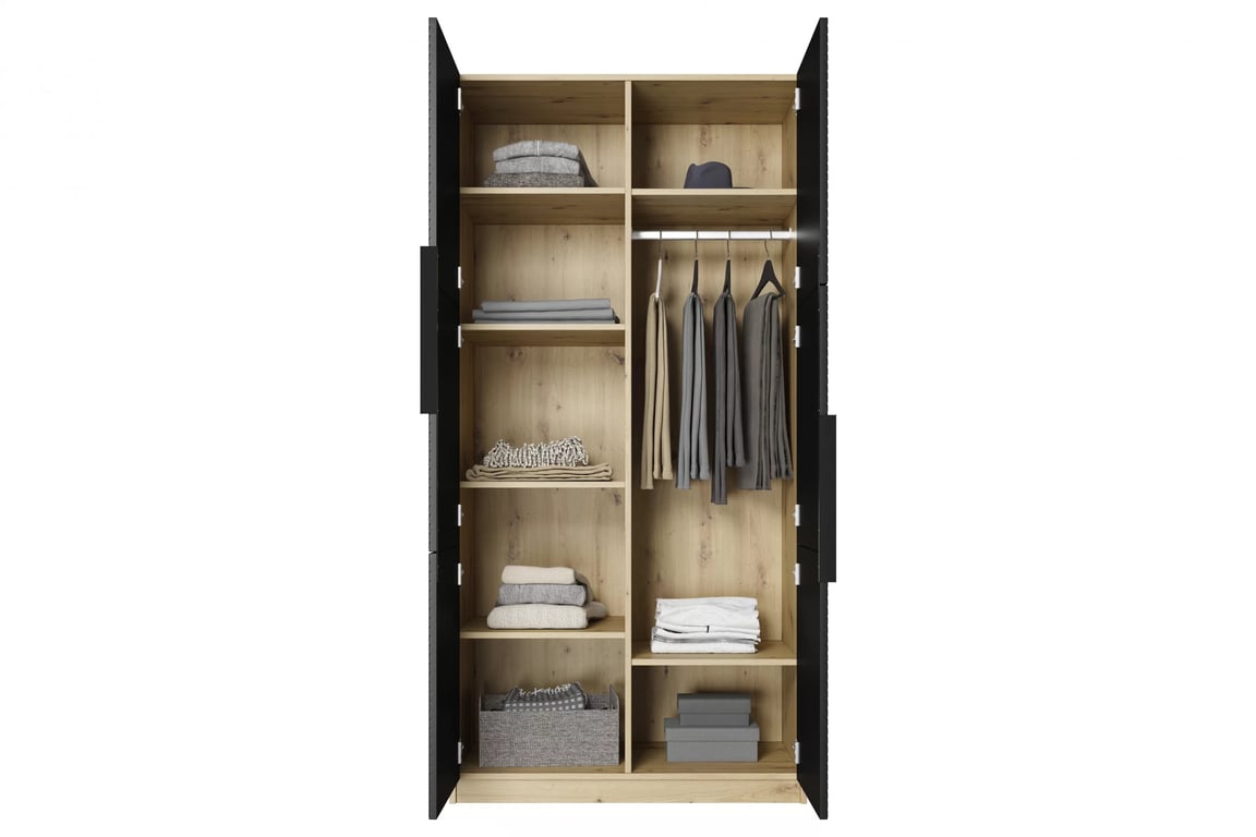 Dulap Asha 100 cm și mânere metalice - artisan / negru mat / mânere negre dulap Asha 100 cm z ryflowanym frontem i metalowymi uchwytami- artisan / negru mat / negru Mânere