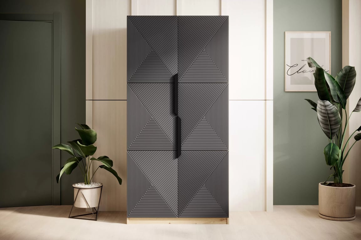 Dulap Asha 100 cm și mânere metalice - artisan / rivier piatra mat / mânere negre dulap Asha 100 cm z ryflowanym frontem i metalowymi uchwytami- artisan / rivier stone mat / negru Mânere