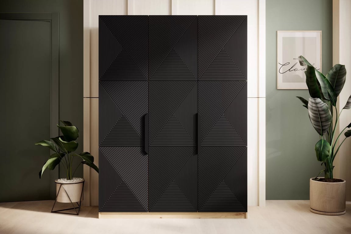 Dulap Asha 150 cm cu trei uși cu mânere metalice - artisan / negru mat / negru mânere dulap Asha 150 cm z metalowymi uchwytami - artisan / negru mat / negru Mânere