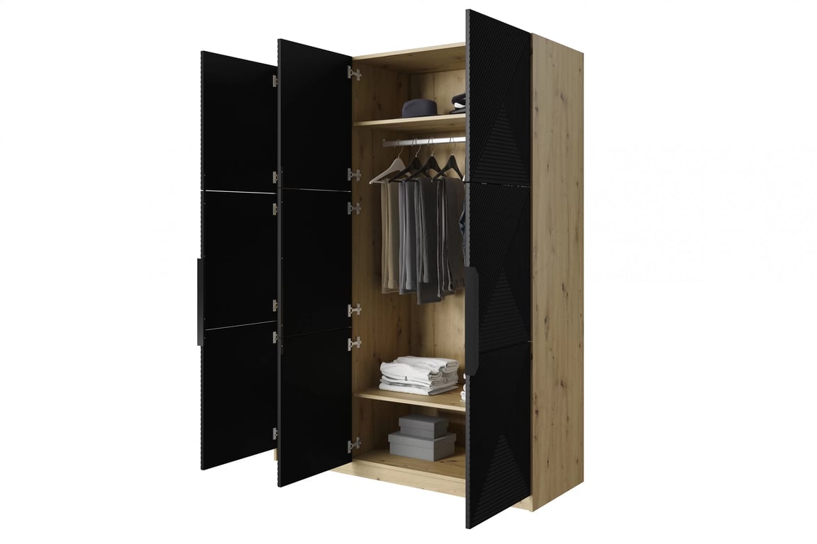 Dulap Asha 150 cm cu trei uși cu mânere metalice - artisan / negru mat / negru mânere dulap Asha 150 cm z metalowymi uchwytami - artisan / negru mat / negru Mânere