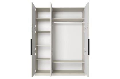 Asha háromajtós szekrény, fém fogantyúkkal - 150 cm - kasmír / fekete fogantyúk ruhásszekrény Asha 150 cm z metalowymi uchwytami - kasmír / fekete Fogantyúk