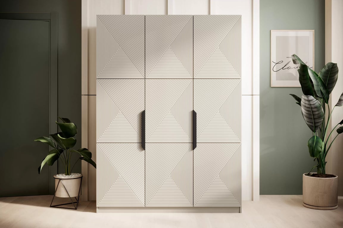 Asha háromajtós szekrény, fém fogantyúkkal - 150 cm - kasmír / fekete fogantyúk ruhásszekrény Asha 150 cm z metalowymi uchwytami - kasmír / fekete Fogantyúk