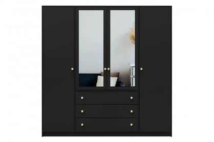 Dulap cu 4 uși Siena D4 196 cm cu 3 sertare și oglindă - negru