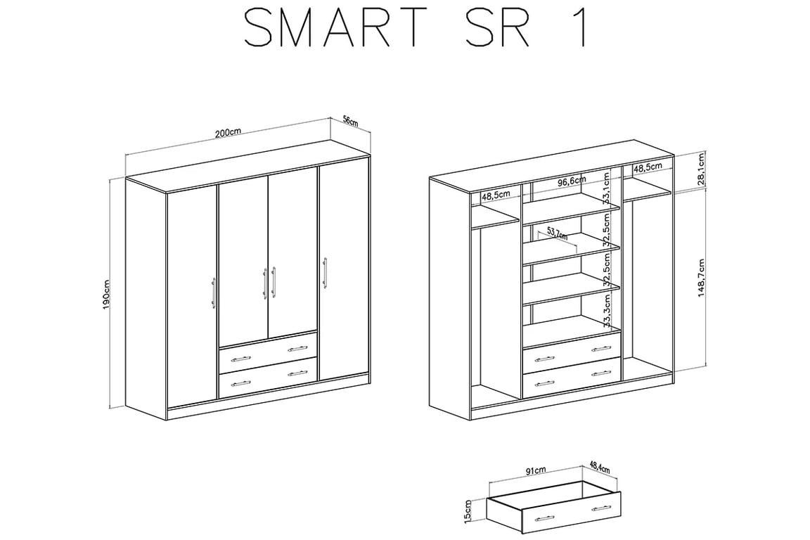 Skříň čtyřdveřová se dvěma zásuvkami a zrcadlem Smart SRL1 - Bílý lux / Dub sonoma Skříň čtyřdveřová se dvěma zásuvkami a zrcadlem Smart SRL1 - Bílý lux / Dub sonoma - Rozměry