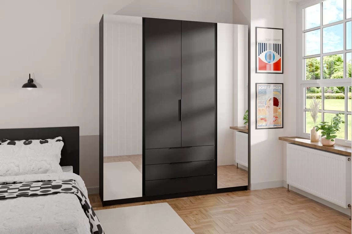 Dulap Sansi 2L2F3S cu sertare i oglindă 200 cm - negru / negru dulap Kaja 2L2F3S cu sertare i oglindă 200 cm - negru / negru