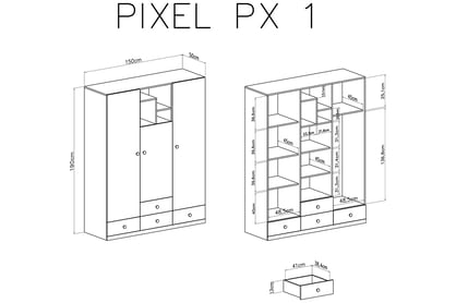 Studentská šatní skříň Pixel 1 - dub piškotový / bílá lux / šedá Skříň mlodziezowa Pixel 1 - dub piškotový/Bílý lux/šedý - schemat