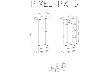 Skříň Pixel 3 - dub piškotový / bílý lux / šedá Skříň mlodziezowa Pixel 3 - dub piškotový/Bílý lux/šedý - schemat