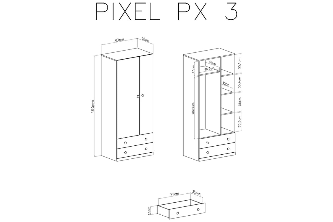 Skříň Pixel 3 - dub piškotový / bílý lux / šedá Skříň mlodziezowa Pixel 3 - dub piškotový/Bílý lux/šedý - schemat