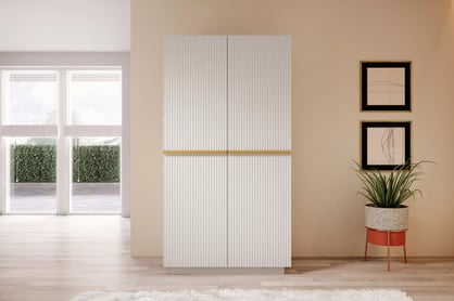 Dulap Nicole 100 cm cu două uși cu față canelată și mânere metalice - alb mat / mânere aurii dulap Nicole 100 cm z rafturi - bialy mat / zlote Mânere