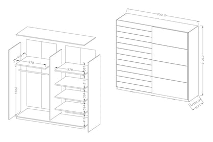 Skriňa s posuvnými dverami 200 Galaxy 17 - biely / Dub beaufort Skriňa s posuvnými dverami 200 Galaxy 17 - Biely / Dub beaufort - Rozmery