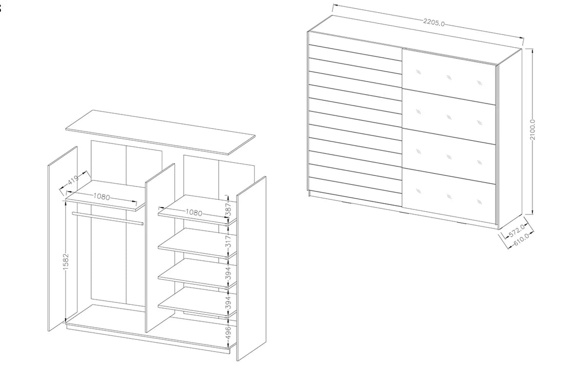 Skriňa s posuvnými dverami Galaxy 68 so zrkadlom 220 cm - abisko ash / Biely Skriňa s posuvnými dverami 220 Galaxy 68 - abisko ash - Rozmery