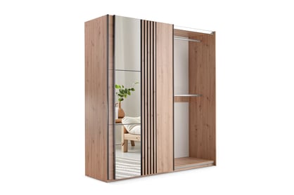 Sintra tolóajtós gardróbszekrény tükörrel és lamellákkal 203 cm - artisan tölgy / fekete ruhásszekrény z tükör Jonari 203 cm przesuwna z lamelami - dab artisan / dab wotan / fekete  