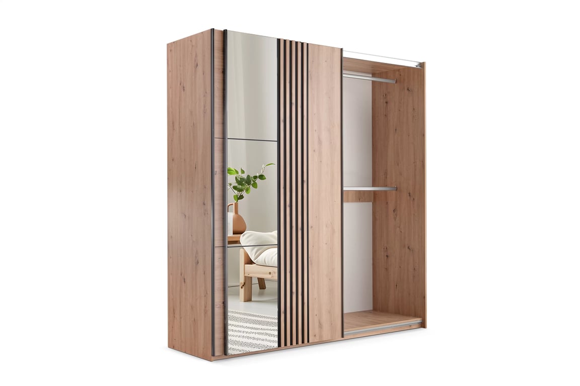 Sintra tolóajtós gardróbszekrény tükörrel és lamellákkal 203 cm - artisan tölgy / fekete ruhásszekrény z tükör Jonari 203 cm przesuwna z lamelami - dab artisan / dab wotan / fekete  
