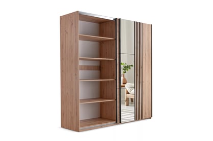 Sintra tolóajtós gardróbszekrény tükörrel és lamellákkal 203 cm - artisan tölgy / fekete ruhásszekrény z tükör Jonari 203 cm przesuwna z lamelami - dab artisan / dab wotan / fekete  