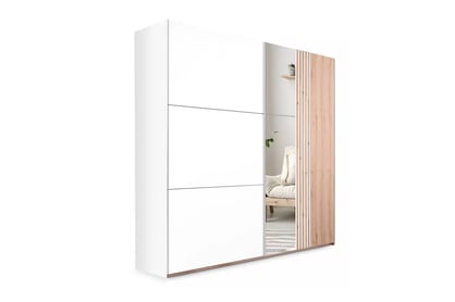 Šatníková skriňa Sintra 250 cm s posuvnými dverami a zrkadlom - dub wotan / biela