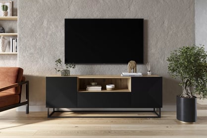 TV stolík Asha 167 cm na čiernom podstavci s otvorenou policou - artisan / čierny mat TV skrinka Asha 167 cm z szuflada i metalowym stelazem - artisan / Čierny mat