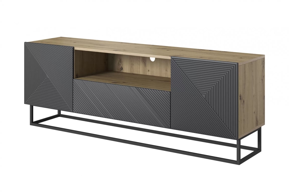 TV stolík Asha 167 cm na čiernom podstavci s otvorenou policou - artisan / rivier stone mat TV skrinka Asha 167 cm z szuflada i metalowym stelazem - artisan / rivier stone mat