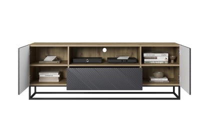 TV stolík Asha 167 cm na čiernom podstavci s otvorenou policou - artisan / rivier stone mat TV skrinka Asha 167 cm z szuflada i metalowym stelazem - artisan / rivier stone mat