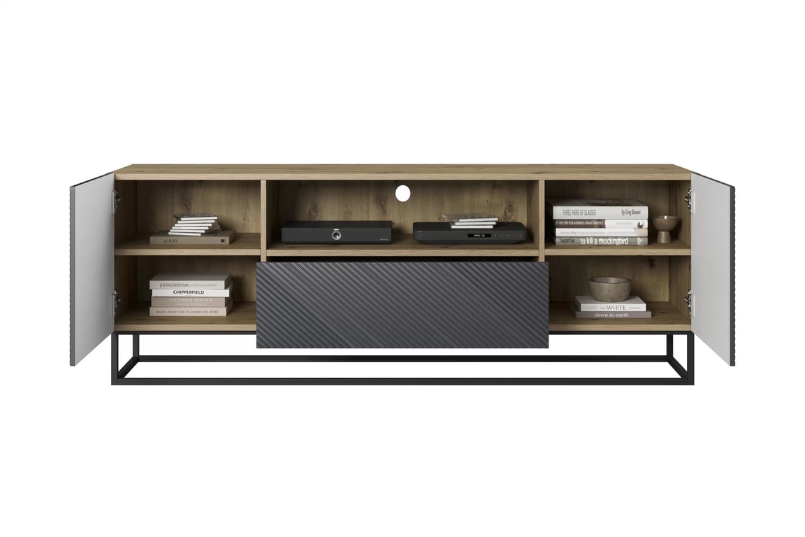 TV stolík Asha 167 cm na čiernom podstavci s otvorenou policou - artisan / rivier stone mat TV skrinka Asha 167 cm z szuflada i metalowym stelazem - artisan / rivier stone mat